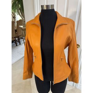 ID‎ Collection Vintage 90's Varsity Orange Leather Racer Stripe Jacket Size 8